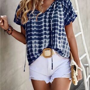 SHEIN Navy and White Tie-Dye Short Sleeve Top